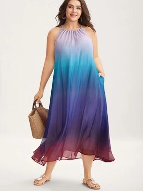 Bloomchic Ombre Gradient Pockets Sheer Midi Dress new size 14-16